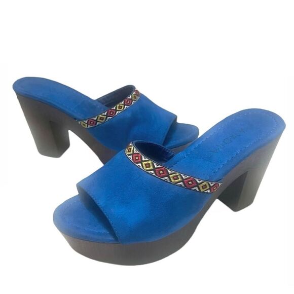 Sandra Faux Suede Platform 4” Heels Women’s Sz 8 Blue Open Toe Embroidered Boho - Picture 2 of 11